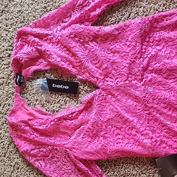 Bebe Scallop Lace Open Back Mini Stretch Dress Hot Pink NWT Medium Long Sleeve - Picture 7 of 11